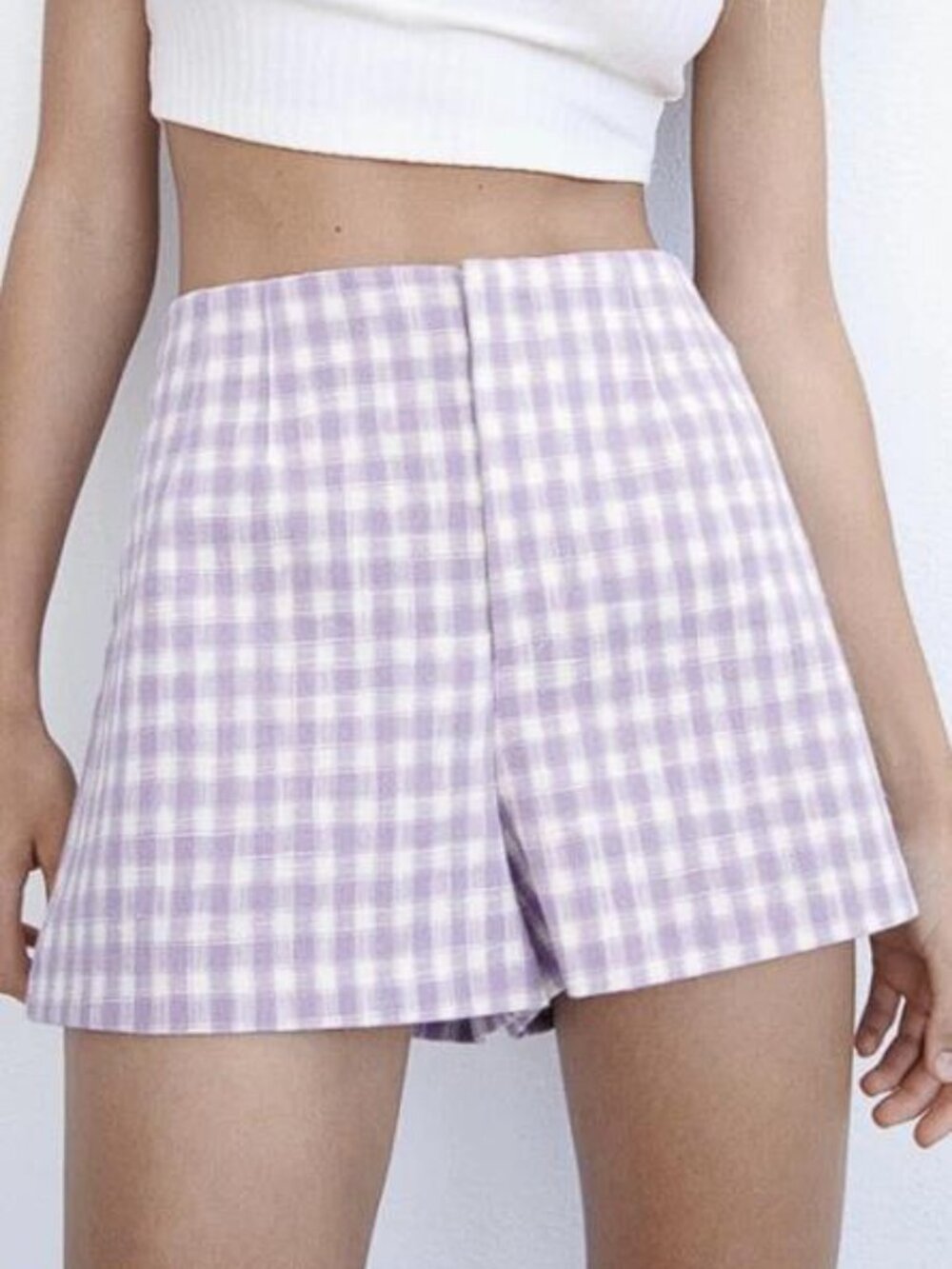 ZARA Women's Gingham High-Waist Shorts Size L In Lilac